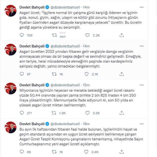 Asgari ücretin açıklanmasının ardından MHP lideri Bahçeli'den ilk sözler: Yüreklere su serpmiştir Asgari ücretin açıklanmasının ardından MHP lideri Bahçeli'den ilk sözler: Yüreklere su serpmiştir