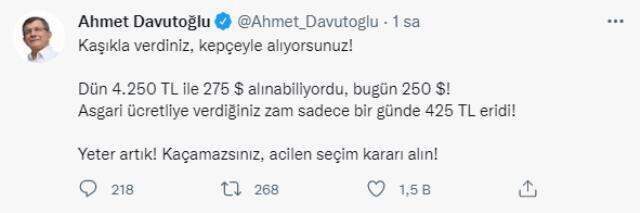 Davutoğlu'ndan asgari ücret tepkisi: Verdiğiniz zam sadece bir günde 425 TL eridi Davutoğlu'ndan asgari ücret tepkisi: Verdiğiniz zam sadece bir günde 425 TL eridi