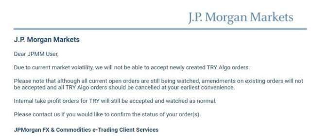 Uluslararası Yatırım Bankası JP Morgan, Türk Lirası işlemlerini sonlandırdı Uluslararası Yatırım Bankası JP Morgan, Türk Lirası işlemlerini sonlandırdı