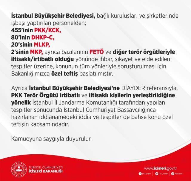 Son Dakika: İçişleri Bakanlığı, İBB'de işbaşı yaptırılan 557 kişinin terör örgütü iltisaklı olduğu iddialarına özel teftiş başlattı Son Dakika: İçişleri Bakanlığı, İBB'de işbaşı yaptırılan 557 kişinin terör örgütü iltisaklı olduğu iddialarına özel teftiş başlattı