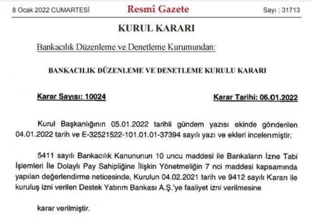 BDDK'dan Destek Yatırım Bankası AŞ'ye faaliyet izni