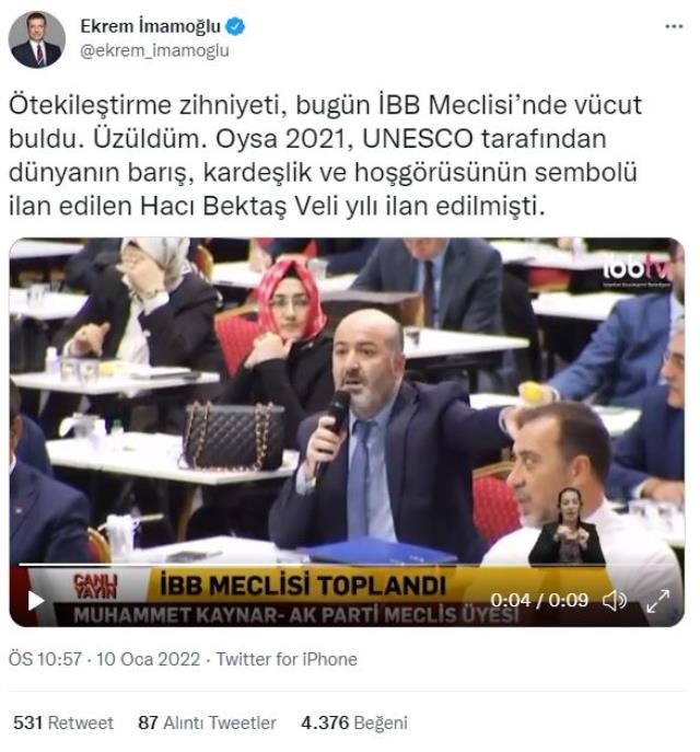İmamoğlu'ndan AK Partili Muhammet Kaynar'ın İBB Meclisi'nde Bektaşilerle ilgili ifadelerine tepki