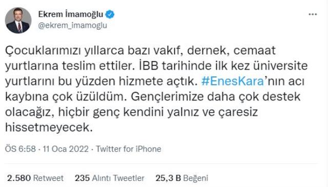 İntiharıyla Türkiye'yi yasa boğan Enes Kara için İmamoğlu ve Mansur Yavaş'tan ilk açıklama