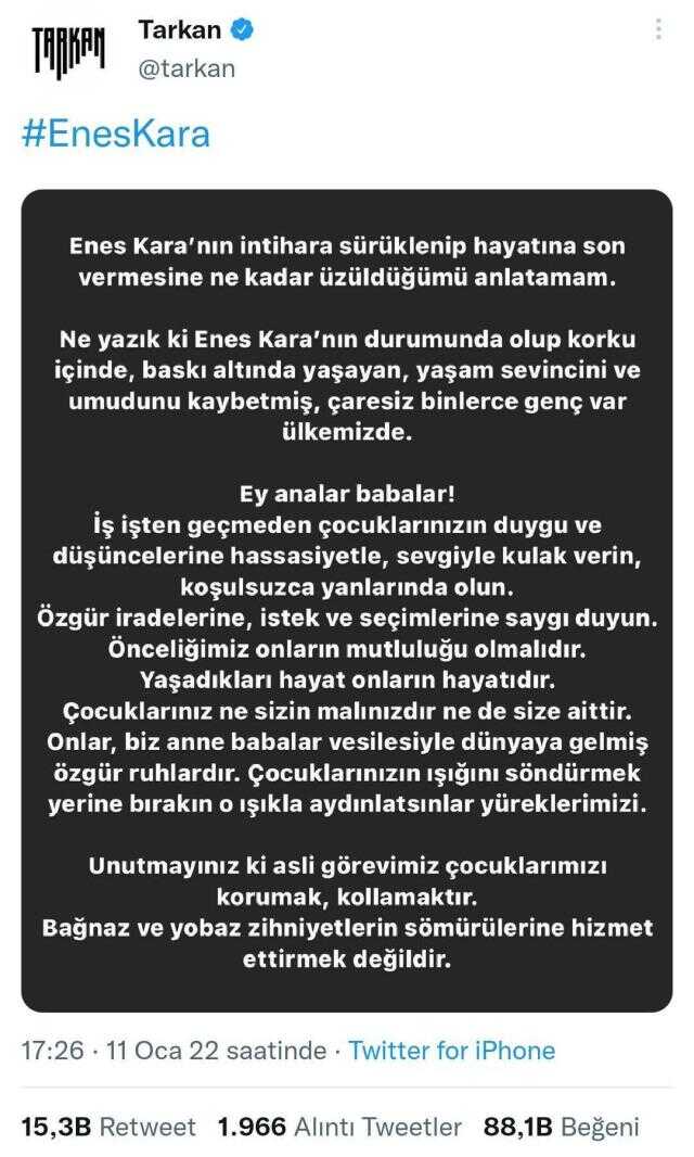 Tarkan'dan Enes Kara mesajı: Anne babalar, çocuklarınız sizin malınız değildir