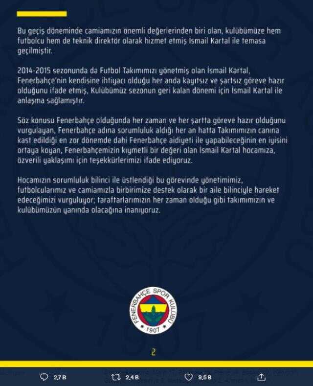 Son Dakika! Fenerbahçe'nin yeni teknik direktörü İsmail Kartal oldu Son Dakika! Fenerbahçe'nin yeni teknik direktörü İsmail Kartal oldu