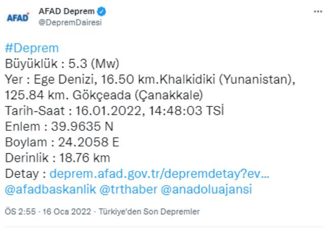 Son Dakika: Ege Denizi'nde 5,3 büyüklüğünde deprem! Sarsıntı İzmir ve Çanakkale'de de hissedildi