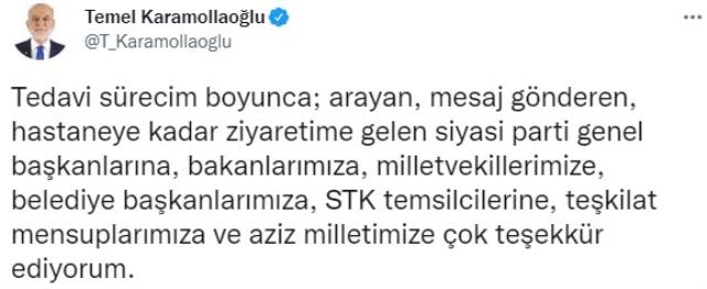 Korona geçiren Karamollaoğlu, kendisine geçmiş olsun diyenlere tek tek teşekkür etti! Bahçeli'nin olmaması dikkat çekti Korona geçiren Karamollaoğlu, kendisine geçmiş olsun diyenlere tek tek teşekkür etti! Bahçeli'nin olmaması dikkat çekti