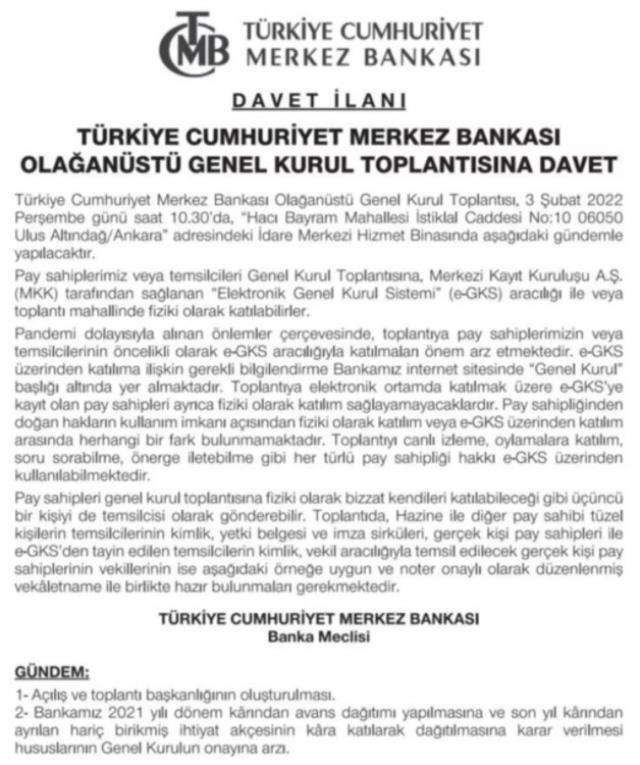 Merkez Bankası Genel Kurulu, 3 Şubat'ta olağanüstü toplanıyor! Gündemde iki konu var Merkez Bankası Genel Kurulu, 3 Şubat'ta olağanüstü toplanıyor! Gündemde iki konu var