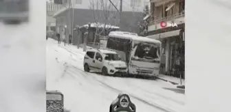 Öğrenci servisi önüne kattığı hafif ticari aracı sürükleyip götürdü