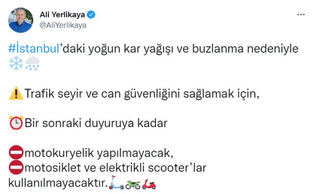 Son Dakika: İstanbul'daki yoğun kar yağışı nedeniyle motosiklet ve elektrikli scooterlar sonraki duyuruya kadar kullanılamayacak Son Dakika: İstanbul'daki yoğun kar yağışı nedeniyle motosiklet ve elektrikli scooterlar sonraki duyuruya kadar kullanılamayacak