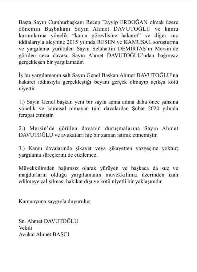 Ahmet Davutoğlu cephesinden Demirtaş'a dava yanıtı: Kötü niyetli bir yaklaşımdır Ahmet Davutoğlu cephesinden Demirtaş'a dava yanıtı: Kötü niyetli bir yaklaşımdır