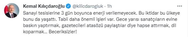 Kılıçdaroğlu, enerji kesintisi kararına tepki gösterdi: Bu iktidar bu ülkeye bunu da yaşattı Kılıçdaroğlu, enerji kesintisi kararına tepki gösterdi: Bu iktidar bu ülkeye bunu da yaşattı