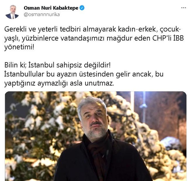 AK Parti İstanbul İl Başkanı Kabaktepe'ten İBB'ye: İstanbullular bu ayazın üstesinden gelir ancak, bu yaptığınız aymazlığı asla unutmaz AK Parti İstanbul İl Başkanı Kabaktepe'ten İBB'ye: İstanbullular bu ayazın üstesinden gelir ancak, bu yaptığınız aymazlığı asla unutmaz