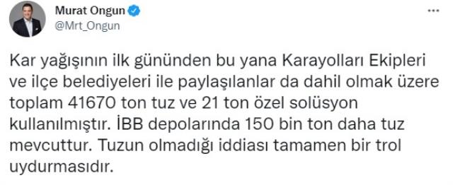 İBB Başkanı İmamoğlu'ndan 'Tuz yok' iddialarına yanıt: Şimdiye kadar 55 bin ton tuz kullandık İBB Başkanı İmamoğlu'ndan 'Tuz yok' iddialarına yanıt: Şimdiye kadar 55 bin ton tuz kullandık