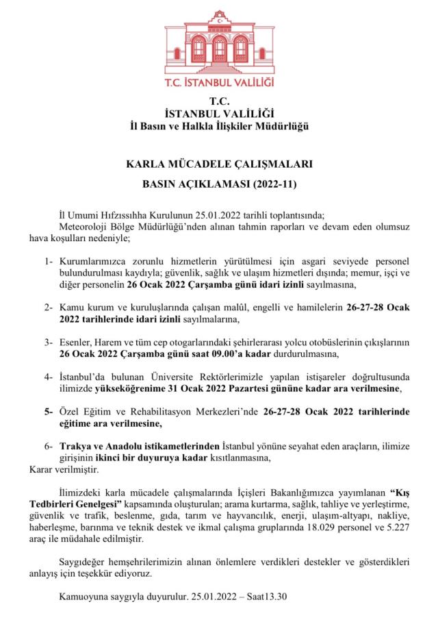 Son Dakika! Vali Yerlikaya, kar yağışının esir aldığı İstanbul için kamu çalışanlarına yarın için verilen iznin de dahil olduğu 6 yeni tedbir açıkladı Son Dakika! Vali Yerlikaya, kar yağışının esir aldığı İstanbul için kamu çalışanlarına yarın için verilen iznin de dahil olduğu 6 yeni tedbir açıkladı