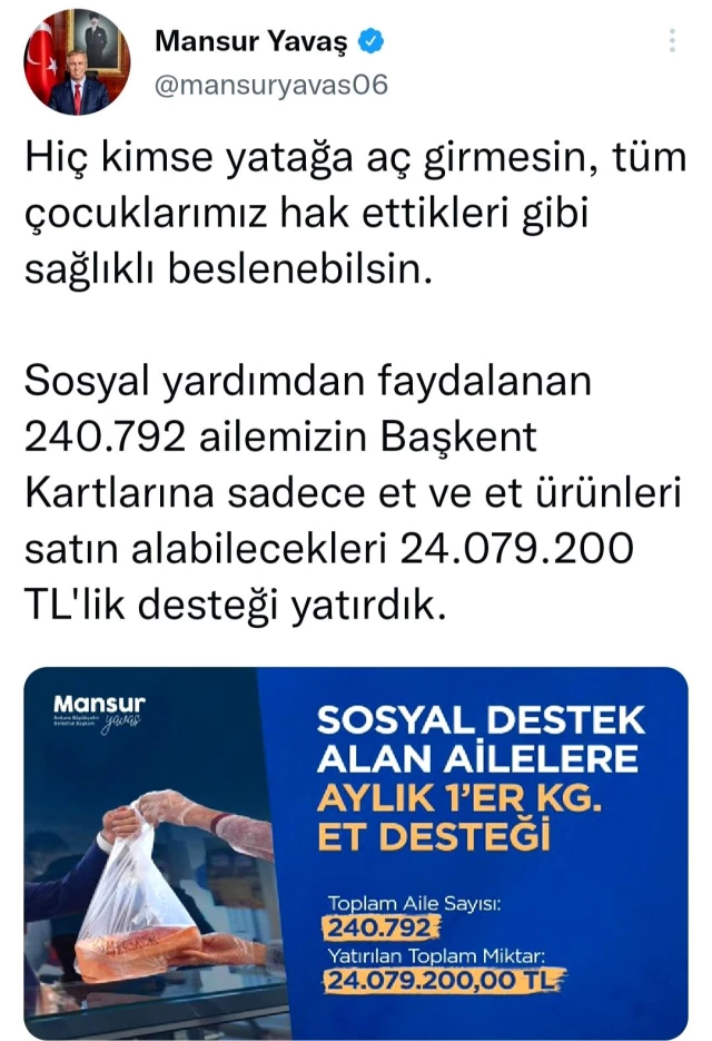 Mansur Yavaş'tan tüm belediyelere örnek olacak hamle! Ankara'da ihtiyaç sahibi ailelere et desteği başladı