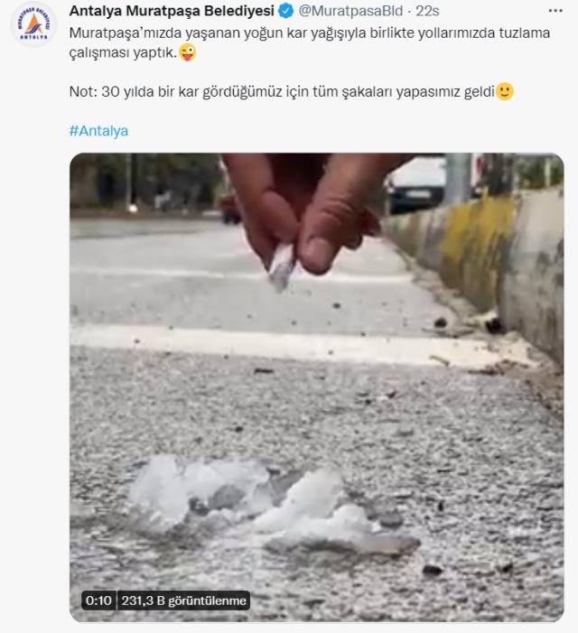 Antalya'da belediyeden esprili ''tuzlama'' paylaşımı: 30 yılda bir kar görünce şaka yapasımız geldi
