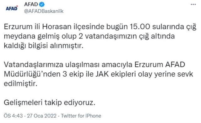 Son Dakika: Erzurum'da çığ faciası! 2 kişi karlar altında kaldı, ekipler bölgeye ulaşmaya çalışıyor Son Dakika: Erzurum'da çığ faciası! 2 kişi karlar altında kaldı, ekipler bölgeye ulaşmaya çalışıyor