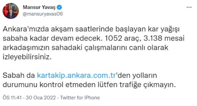 Mansur Yavaş'tan Ankaralılara kar uyarısı: Yağış sabaha kadar sürecek