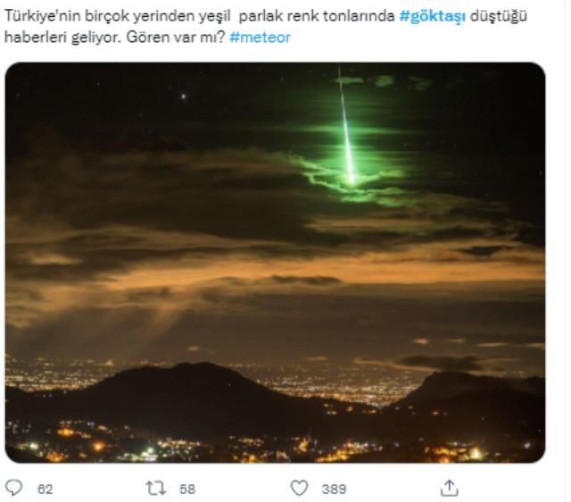 Gökyüzünde yeşil ışık saçan göktaşının Türkiye'de görüntülendiği iddiası Gökyüzünde yeşil ışık saçan göktaşının Türkiye'de görüntülendiği iddiası