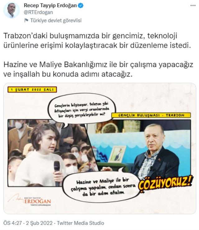 Genç kız istedi, Cumhurbaşkanı Erdoğan talimatı verdi! Teknoloji ürünlerine Genç kız istedi, Cumhurbaşkanı Erdoğan talimatı verdi! Teknoloji ürünlerine