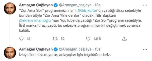 Armağan Çağlayan'ın programının adı Ekrem İmamoğlu'nun programıyla benzer olduğu için değiştirildi