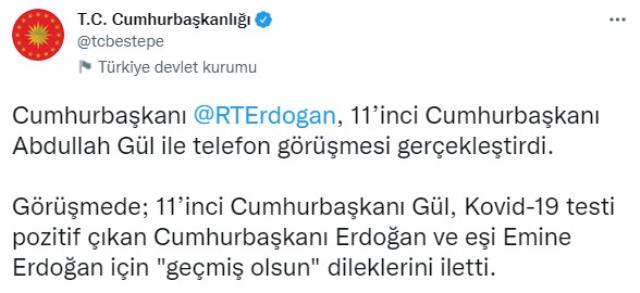 Abdullah Gül, korona olan Cumhurbaşkanı Erdoğan ve eşi Emine Erdoğan'a geçmiş olsun dileklerini iletti Abdullah Gül, korona olan Cumhurbaşkanı Erdoğan ve eşi Emine Erdoğan'a geçmiş olsun dileklerini iletti