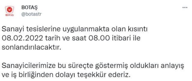 Son Dakika: Sanayi tesislerine uygulanan doğal gaz kesintisi yarın sabah 08.00'de sona erecek