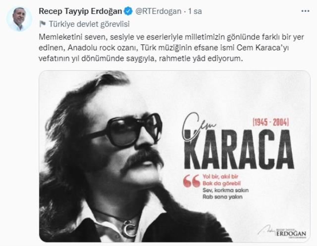 Cumhurbaşkanı Erdoğan, Cem Karaca'yı ölüm yıl dönümünde andı