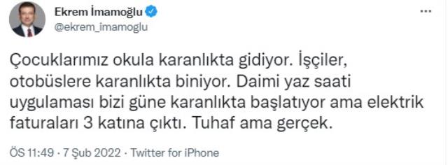 İmamoğlu, kalıcı hale getirilen yaz saati uygulamasını elektrik faturaları üzerinden eleştirdi İmamoğlu, kalıcı hale getirilen yaz saati uygulamasını elektrik faturaları üzerinden eleştirdi