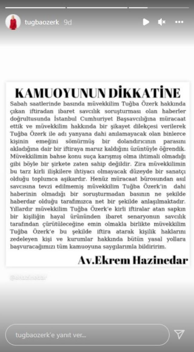 Tosuncuk'un parasını akladığı ileri sürülen Tuğba Özerk'in cephesinden açıklama geldi: İddia gerçek değil, yasal yollara başvuracağız Tosuncuk'un parasını akladığı ileri sürülen Tuğba Özerk'in cephesinden açıklama geldi: İddia gerçek değil, yasal yollara başvuracağız