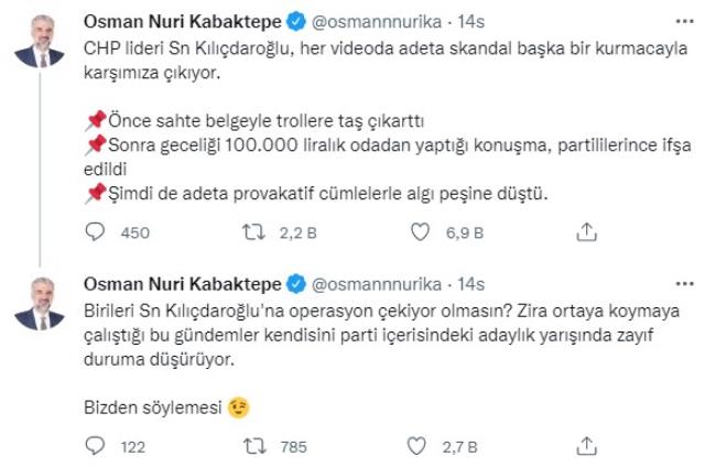 AK Parti İstanbul İl Başkanı Kabaktepe'den Kılıçdaroğlu'na manidar gönderme: Birileri CHP liderine operasyon çekiyor olmasın? AK Parti İstanbul İl Başkanı Kabaktepe'den Kılıçdaroğlu'na manidar gönderme: Birileri CHP liderine operasyon çekiyor olmasın?