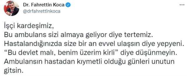 Bakan Koca'dan, kıyafeti kirli olduğu için ambulansa binmek istemeyen işçiyle ilgili içi gönderme dolu paylaşım Bakan Koca'dan, kıyafeti kirli olduğu için ambulansa binmek istemeyen işçiyle ilgili içi gönderme dolu paylaşım