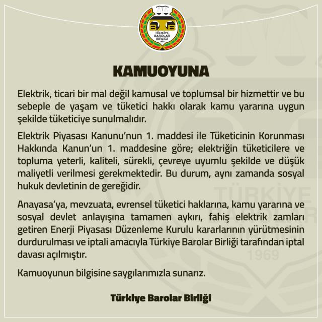 Türkiye Barolar Birliği, elektriğe yapılan zamların iptali için dava açtı Türkiye Barolar Birliği, elektriğe yapılan zamların iptali için dava açtı