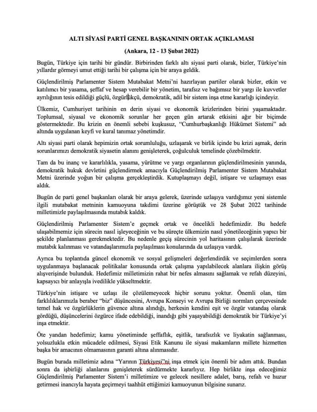 Son Dakika: 6 muhalefet liderinden ortak açıklama: Yeni sistemle ilgili mutabakat metnini 28 Şubat 2022'de açıklayacağız Son Dakika: 6 muhalefet liderinden ortak açıklama: Yeni sistemle ilgili mutabakat metnini 28 Şubat 2022'de açıklayacağız