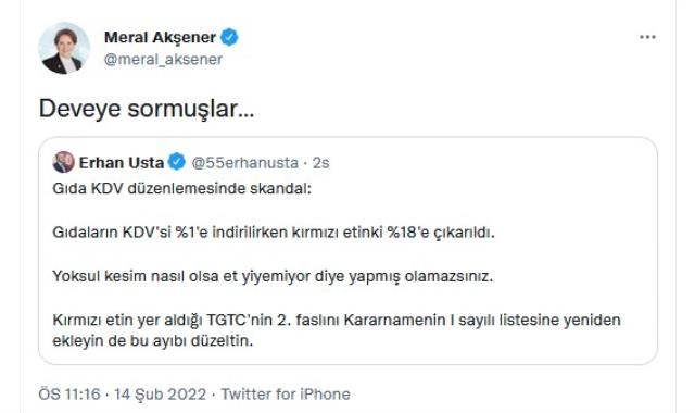 İYİ Partili Usta, 'skandal' diyerek paylaştı: Gıdaların KDV'si yüzde 1'e indirilirken kırmızı etinki yüzde 18'e çıkarıldı İYİ Partili Usta, 'skandal' diyerek paylaştı: Gıdaların KDV'si yüzde 1'e indirilirken kırmızı etinki yüzde 18'e çıkarıldı