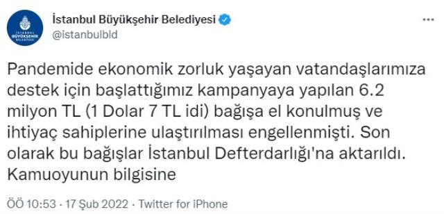 İBB'nin pandemi döneminde ihtiyaç sahibi aileler için topladığı 6.2 milyon TL, İstanbul Defterdarlığı'na aktarıldı İBB'nin pandemi döneminde ihtiyaç sahibi aileler için topladığı 6.2 milyon TL, İstanbul Defterdarlığı'na aktarıldı