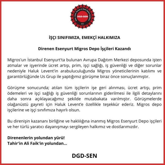 Bir açıklama da Migros işçilerinden. Zaferlerini trafik kazasında ölen Soma işçilerine adadılar!