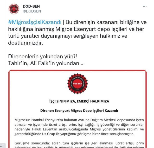 Bir açıklama da Migros işçilerinden. Zaferlerini trafik kazasında ölen Soma işçilerine adadılar!