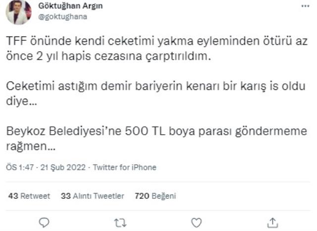 TFF önünde ceket yakan muhabir Göktuğhan Argın'a hapis cezası TFF önünde ceket yakan muhabir Göktuğhan Argın'a hapis cezası