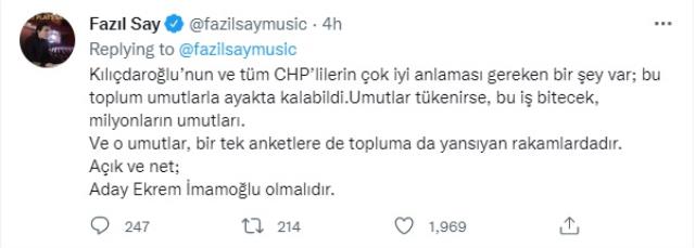 Fazıl Say, cumhurbaşkanı adayını açıkladı: Açık ve net; aday Ekrem İmamoğlu olmalıdır Fazıl Say, cumhurbaşkanı adayını açıkladı: Açık ve net; aday Ekrem İmamoğlu olmalıdır