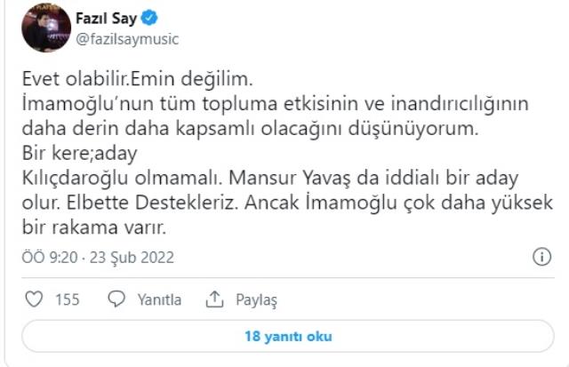 Fazıl Say, cumhurbaşkanı adayını açıkladı: Açık ve net; aday Ekrem İmamoğlu olmalıdır Fazıl Say, cumhurbaşkanı adayını açıkladı: Açık ve net; aday Ekrem İmamoğlu olmalıdır