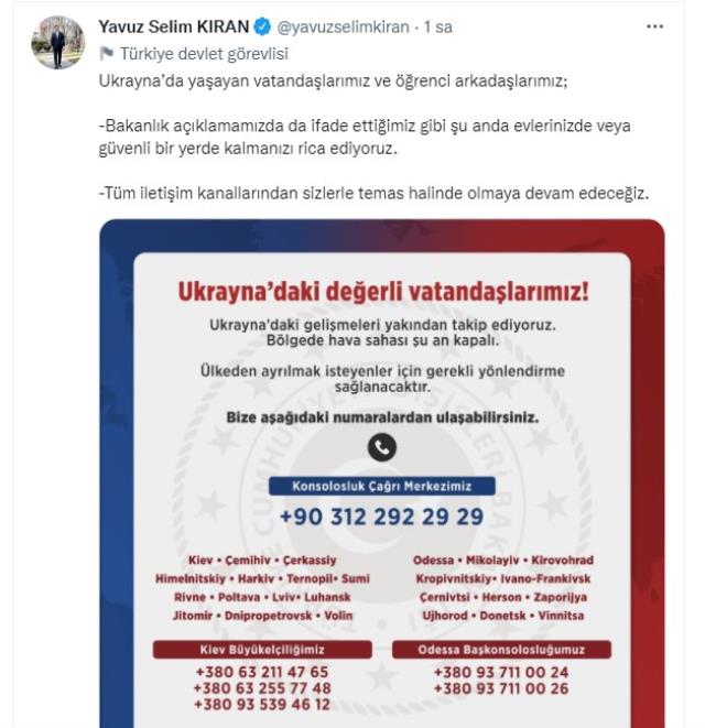 Dışişleri Bakan Yardımcısı Kıran: Ukrayna'da 20 bini aşkın Türk vatandaşı var, tahliyeleri için uğraşıyoruz! Dışişleri Bakan Yardımcısı Kıran: Ukrayna'da 20 bini aşkın Türk vatandaşı var, tahliyeleri için uğraşıyoruz!
