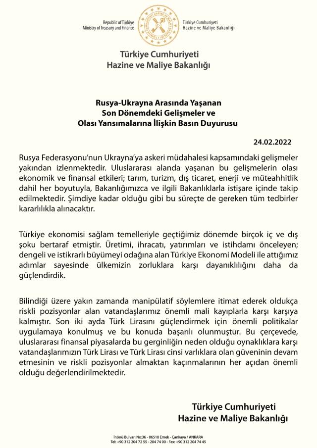 Hazine ve Maliye Bakanlığı'ndan vatandaşlara Rusya-Ukrayna savaşı uyarısı: Riskli yatırımlardan kaçının, TL'ye güvenin Hazine ve Maliye Bakanlığı'ndan vatandaşlara Rusya-Ukrayna savaşı uyarısı: Riskli yatırımlardan kaçının, TL'ye güvenin