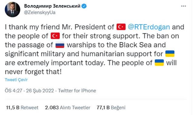 Son Dakika: Ukrayna Cumhurbaşkanı Zelenski, Türkiye'nin Rus gemilerine boğazları kapatma talebini yeniledi Son Dakika: Ukrayna Cumhurbaşkanı Zelenski, Türkiye'nin Rus gemilerine boğazları kapatma talebini yeniledi