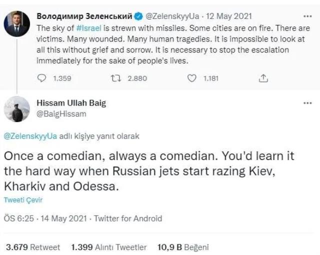 10 ay önce İsrail'i destekleyen Zelenskiy'e, verdiği cevabı tekrar hatırlattı: Rus uçakları Kiev, Kharkiv ve Odessa'yı bombaladığında anlarsın