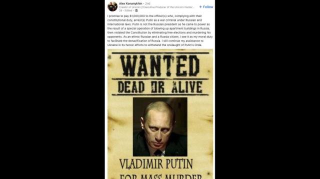 Rus iş insanı Alex Konanykhin, Putin'in başına 1 milyon dolar ödül koydu