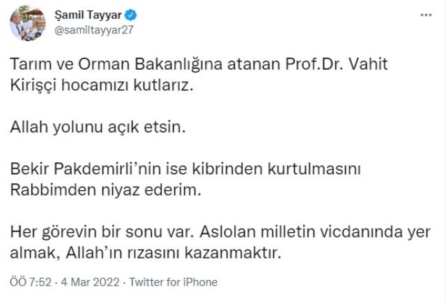 AK Partili Şamil Tayyar'dan istifa eden Bekir Pakdemirli'ye zehir zemberek sözler: Kibrinden kurtulmasını niyaz ederim