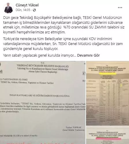 Büyükşehir Belediyesi'nin suya yüzde 70 zam teklifi, ilçe belediye başkanının paylaşımıyla geri tepti