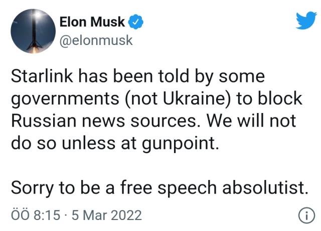 Elon Musk Rus medyasını engelle isteklerine yanıt: Silah zoru olmadıkça bunu yapmayacağız. Elon Musk Rus medyasını engelle isteklerine yanıt: Silah zoru olmadıkça bunu yapmayacağız.